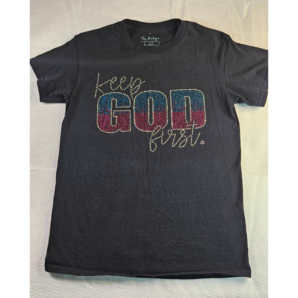 Teez Boutique Keep GOD First Rhinestone Graphic T-Shirt Black Women Small